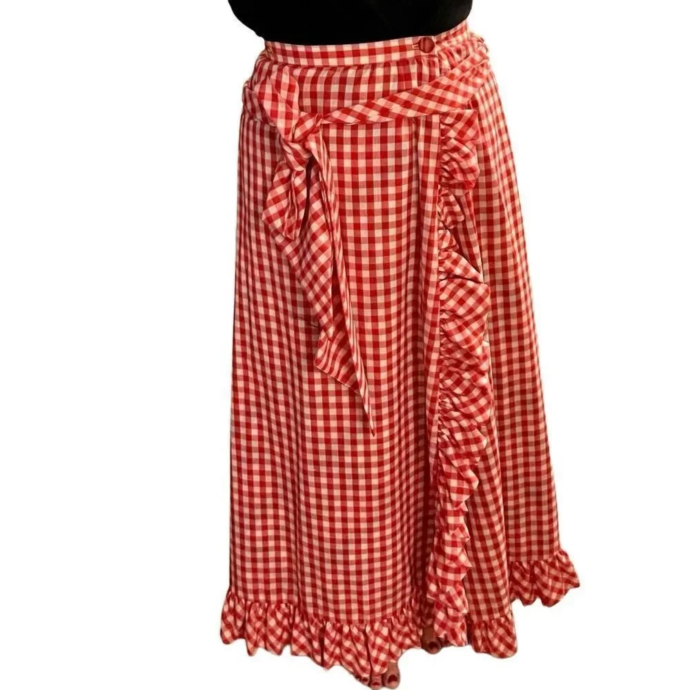 Vtg 70s Red Gingham Plaid Reversible High Waist Ruffle Wrap Full Maxi Skirt L